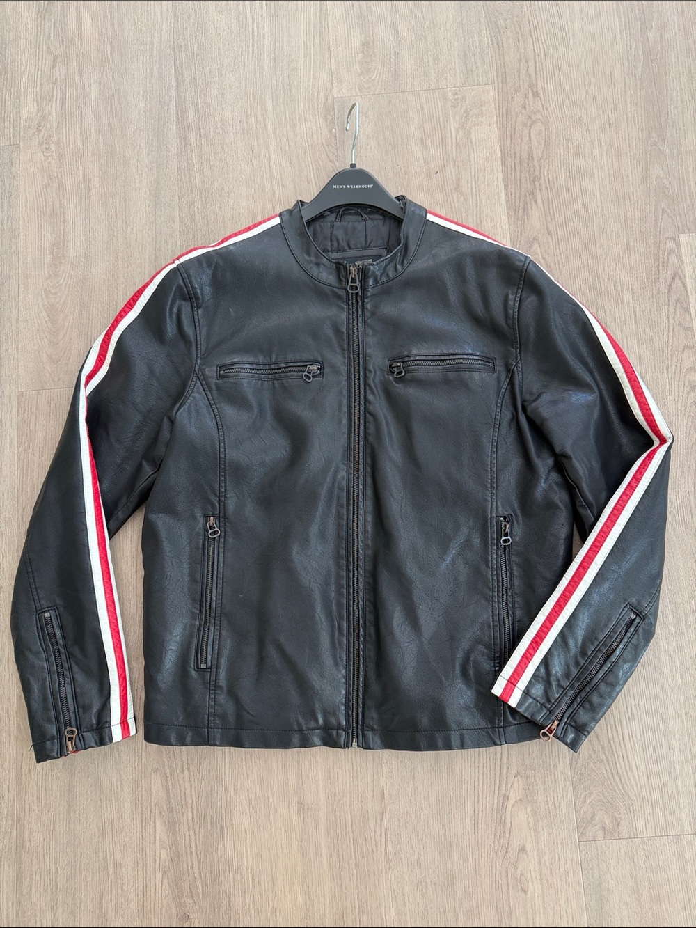Wilsons Vintage Leather Black Bomber Jacket with Red & White Stripes Large